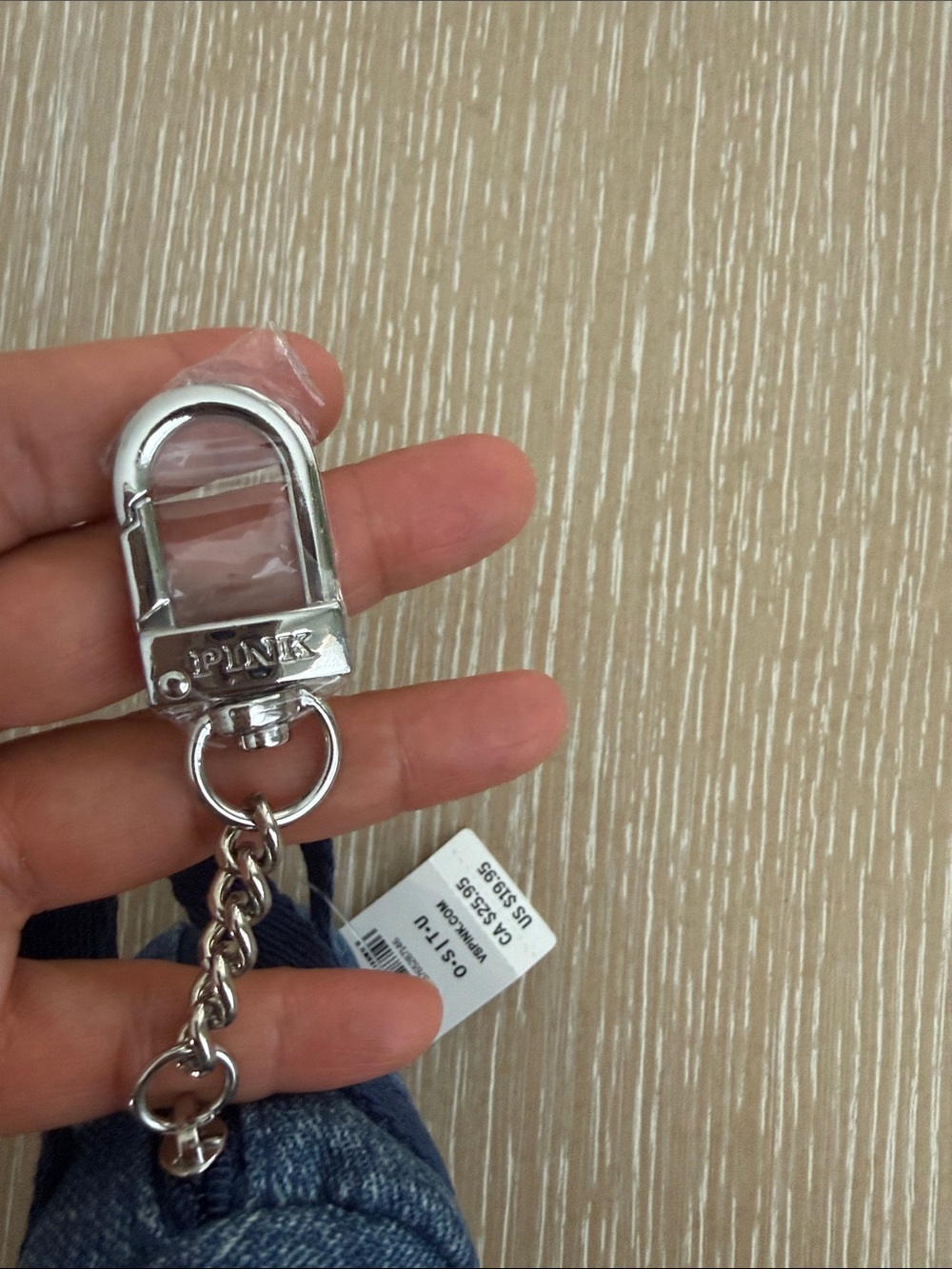 PINK Victoria's Secret Denim Mini Pouch Silver Metal Keychain Clip with Chain - Picture 6 of 8